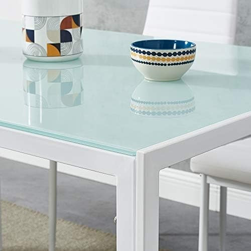 Rectangular Glass Dining Table Set 4 Chairs Modern White Faux Leather