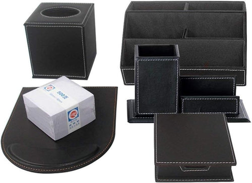 6-Piece PU Leather Desk Organizer Set with Pen Holder, Tissue Box & Mousepad