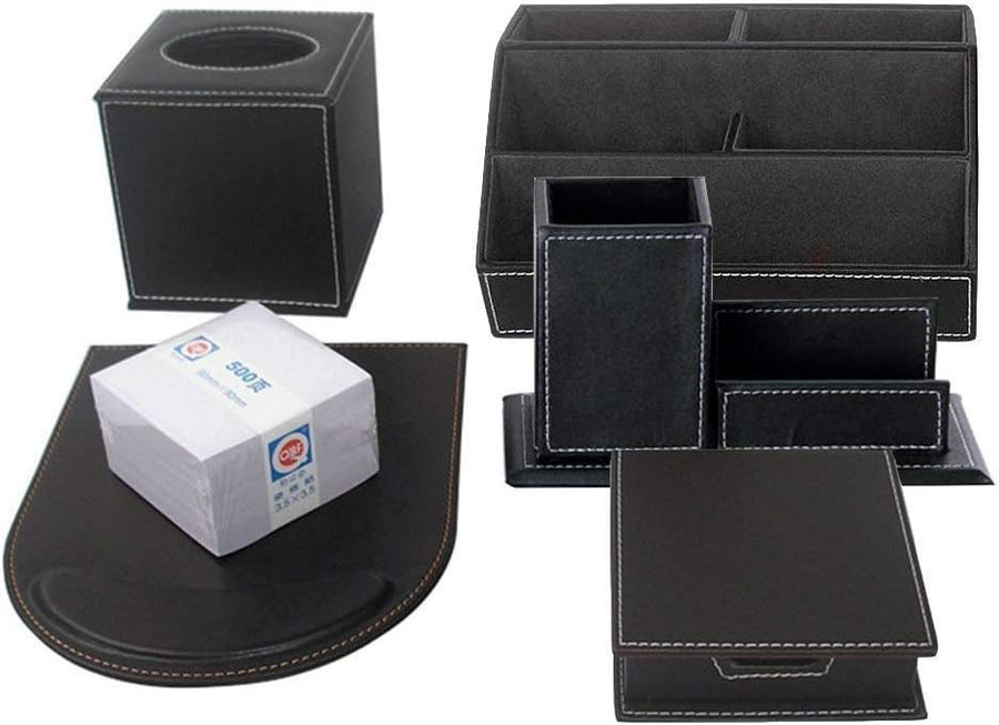 6-Piece PU Leather Desk Organizer Set with Pen Holder, Tissue Box & Mousepad