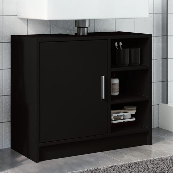 Black Bathroom Sink Cabinet 63x29x55cm Modern Under Basin Storage Unit Shelves