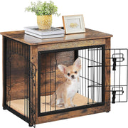 Rustic Brown Small Dog Crate Furniture with Cushion & Double Doors 69x51x61cm