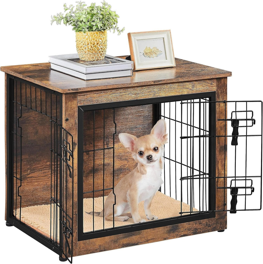 Rustic Brown Small Dog Crate Furniture with Cushion & Double Doors 69x51x61cm
