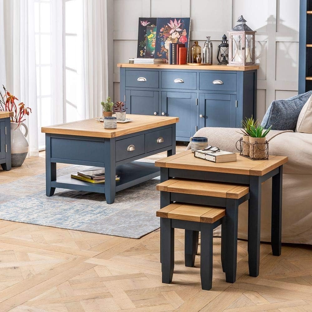 Blue Oak Nesting Coffee Side Tables Set of 3 Wood Rectangular Easy Assembly