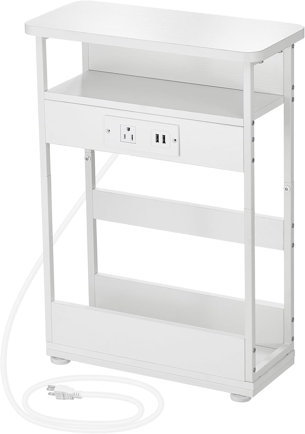 Slim White Side Table with USB Charging Ports – 3-Tier Small End Table