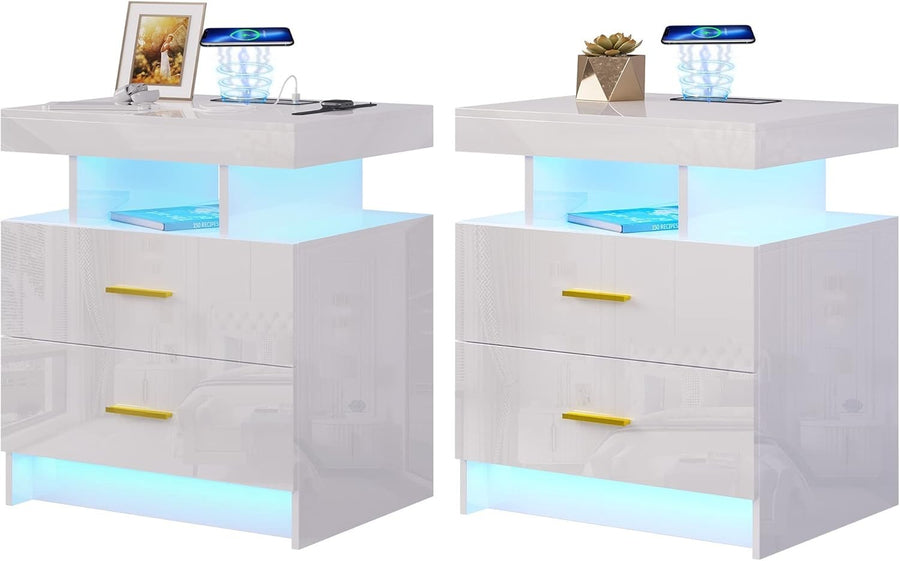 Set of 2 Modern LED Bedside Tables with Wireless Charging