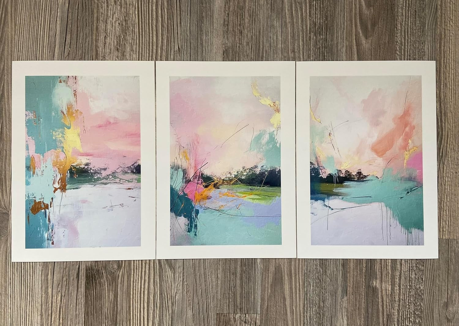 3Pcs Abstract Sunrise Wall Art – Pink Orange Gold Blue Modern A4 Prints