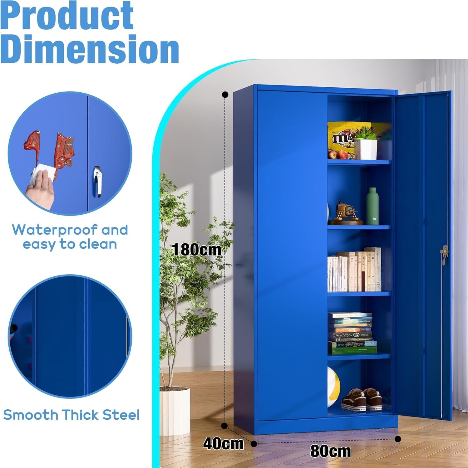 Blue Metal Storage Cabinet 180cm with Lock & Adjustable Shelves – Tall Cupboard