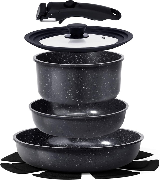 8pcs Grey Plus Ceramic Non Stick Induction Cookware Set with Detachable Handle