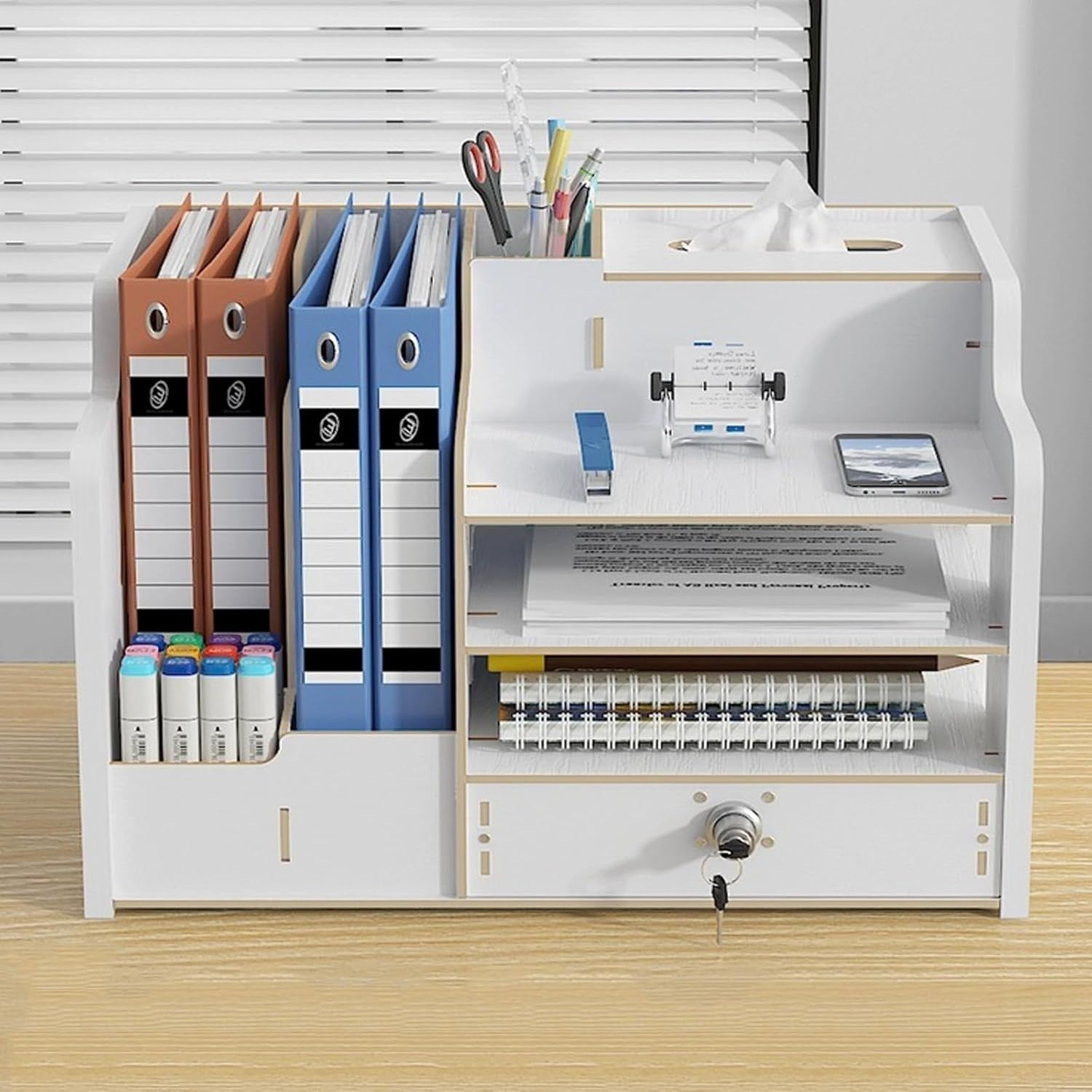 White Desk Organiser with Drawer 9-Compartment Desktop Storage