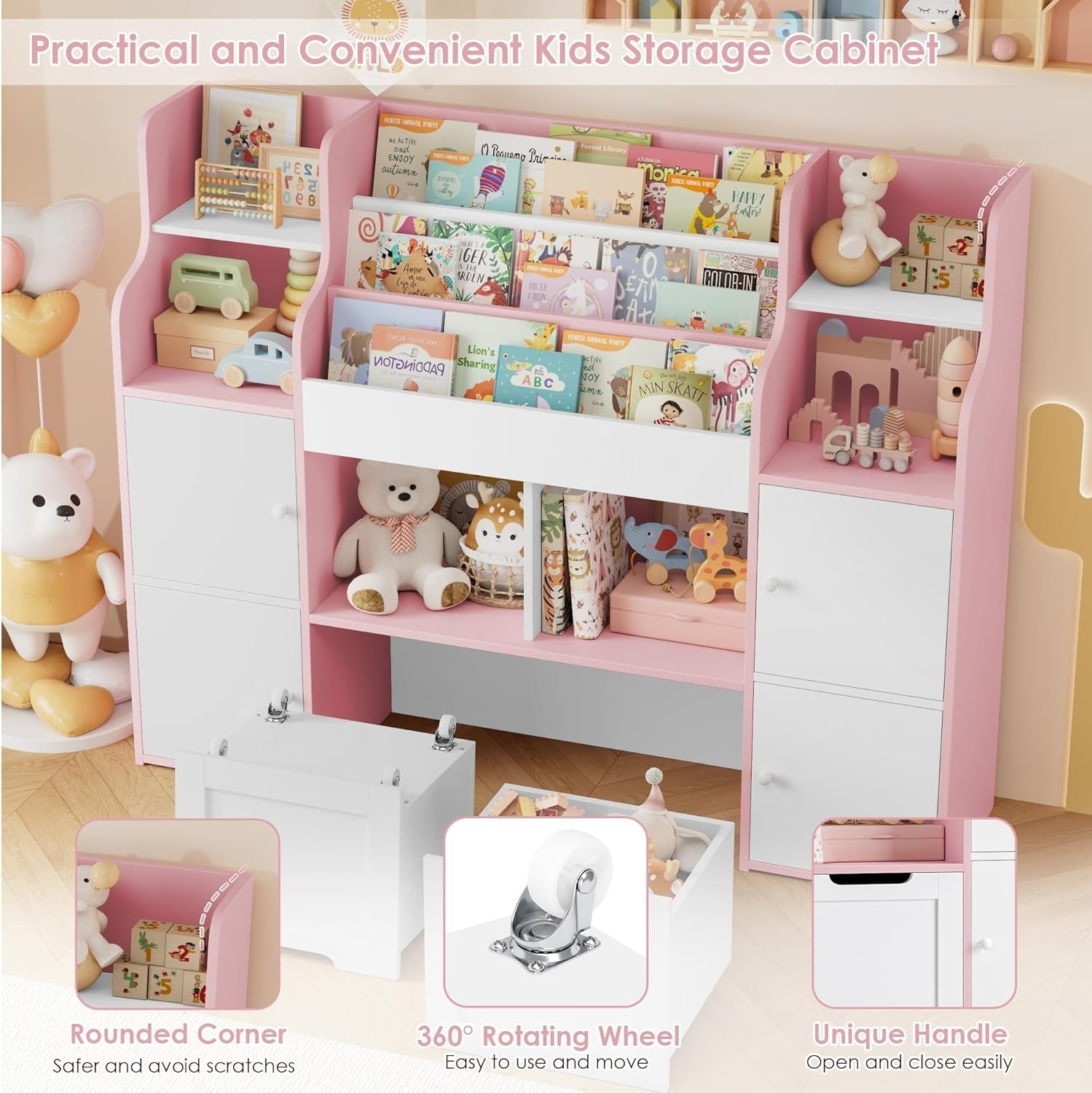 Kids Toy Storage Unit Bookcase with Doors Drawers & Shelves – White Pink