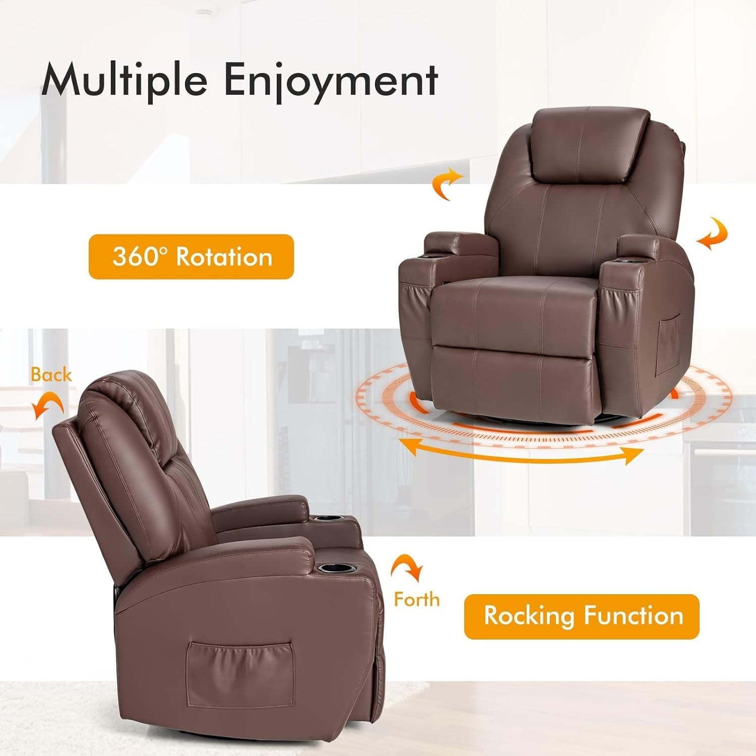 Massage Recliner Chair Swivel Rocking Heated Sofa w/ Footrest Cup Holders