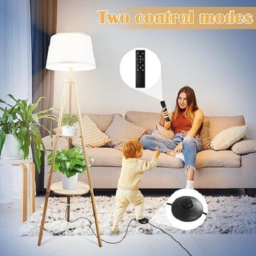 Wood Tripod Floor Lamp Dimmable LED with Shelves Remote Control Standing Light