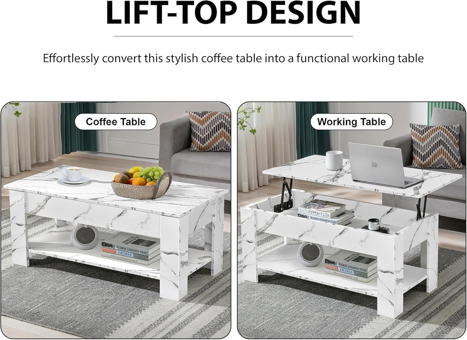 Lift Top Coffee Table with Storage White Marble 120x60cm Modern Living Room
