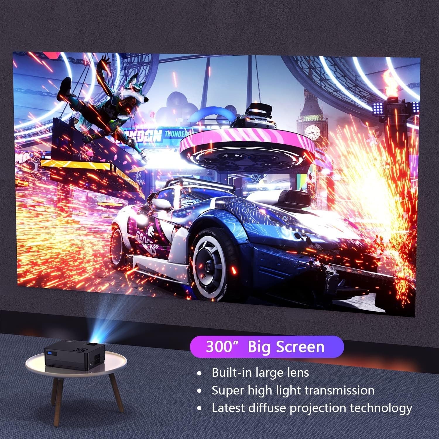 1080P WiFi Bluetooth Projector 300" Home Theater 4K Support Outdoor