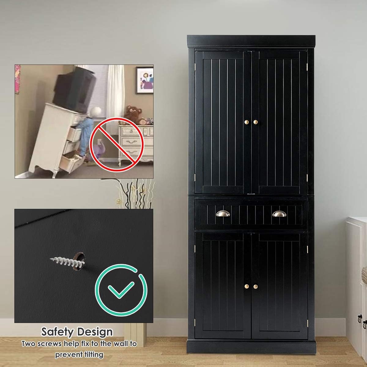 Tall Black Kitchen Cupboard 4 Door Storage Cabinet with Drawer & Shelves