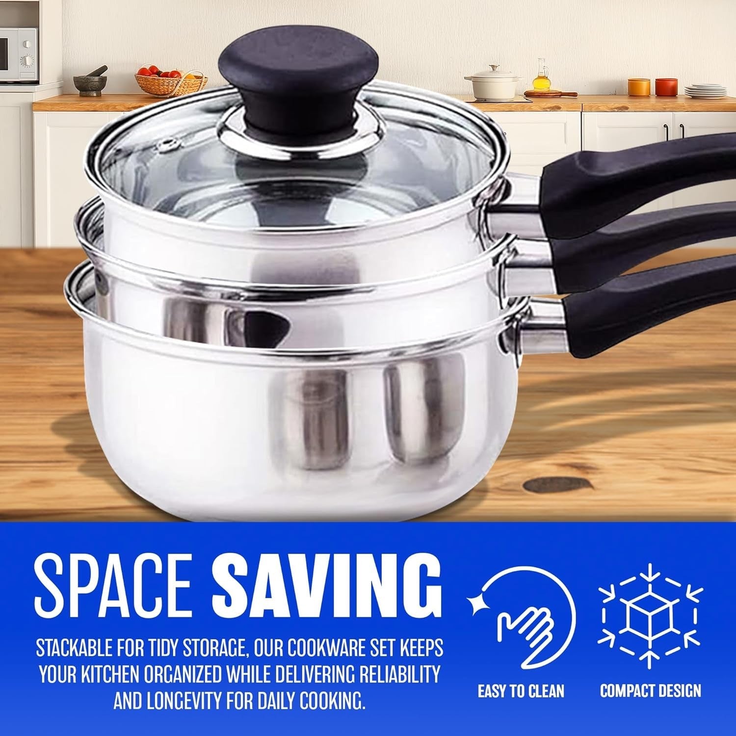3pcs Stainless Steel Saucepan Set with Glass Lids & Heat Resistant Handles