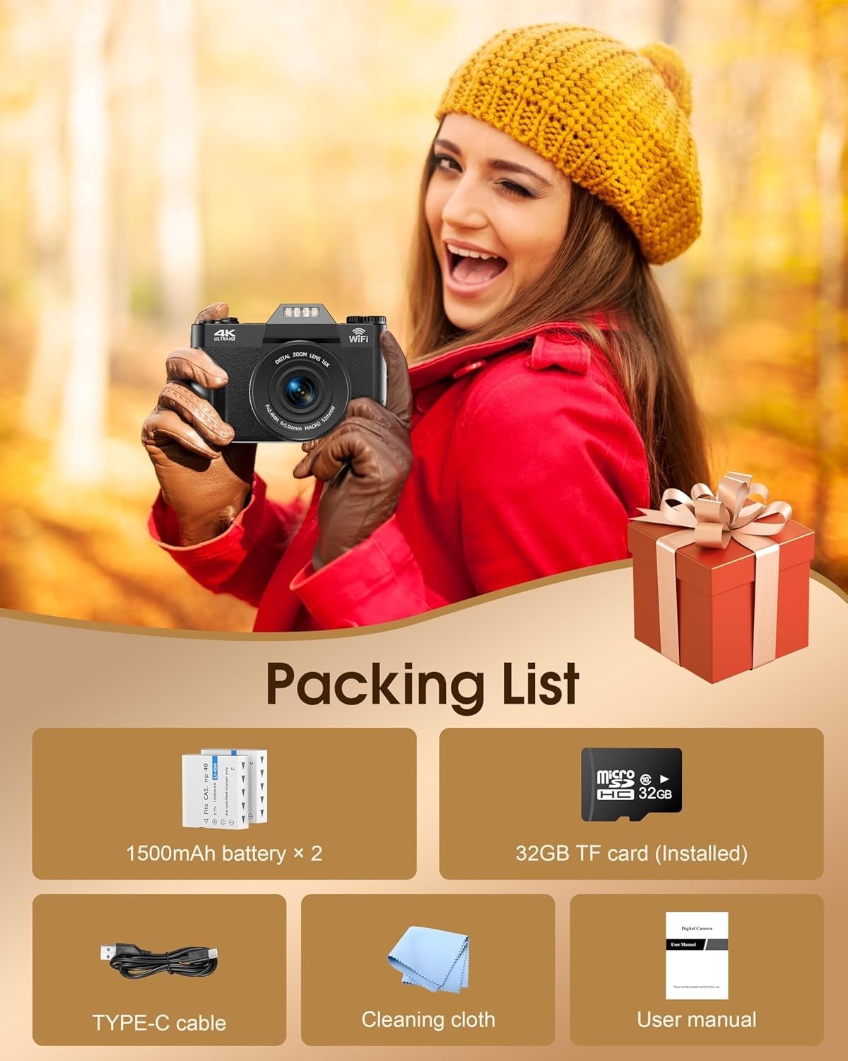 4K 75MP Digital Camera WiFi Flip Screen Vlogging Camera 32GB Bundle