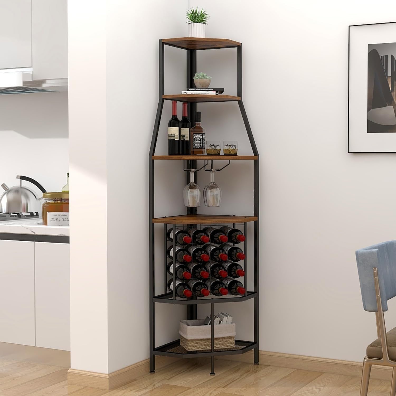 Corner Wine Rack Bar Cabinet with Glass Holder & 5-Tier Display Shelves – Brown