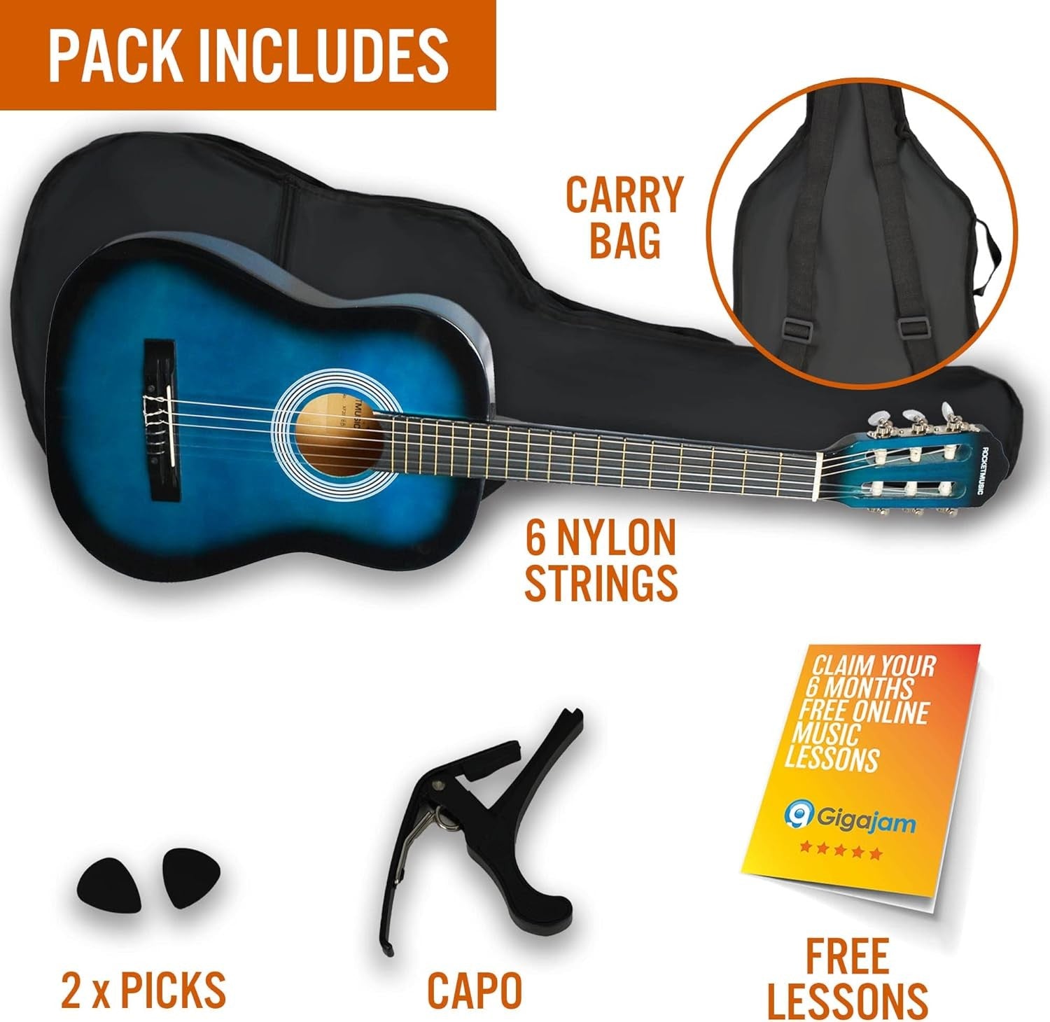 3/4 Size Junior Classical Guitar Starter Pack Blue Kids Kit