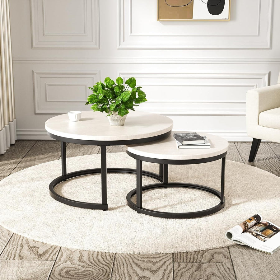 Nesting Coffee Table Set 2 Round Wood Metal Frame White Modern Industrial