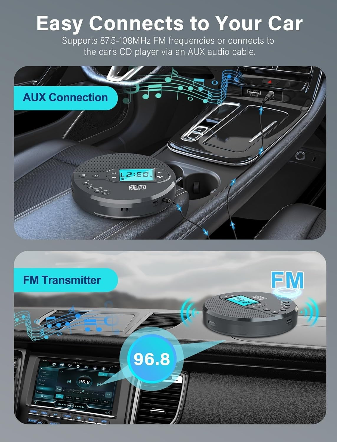 Rechargeable Discman CD Player Bluetooth FM Transmitter AUX LCD Grey
