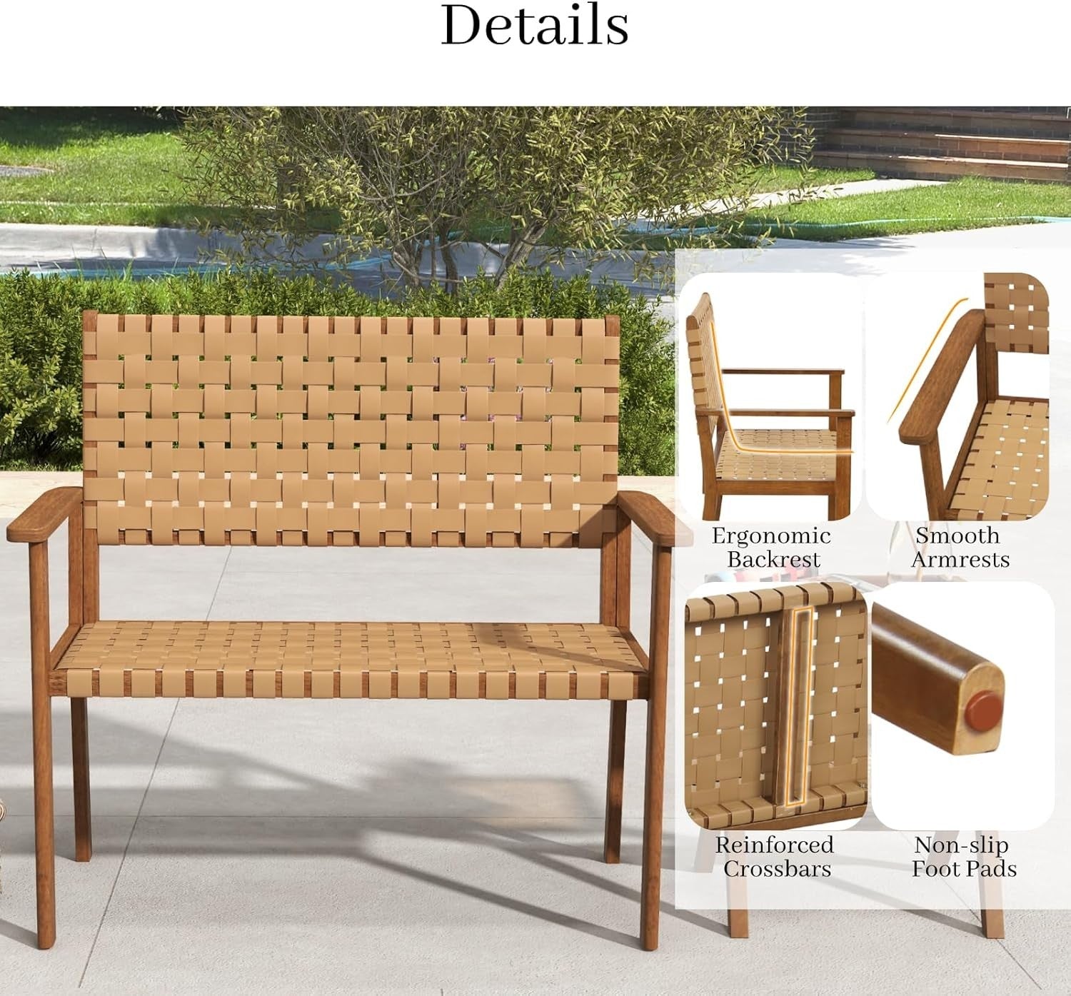2 Seater Outdoor Rattan Garden Bench with Wood Frame Patio Balcony Seat