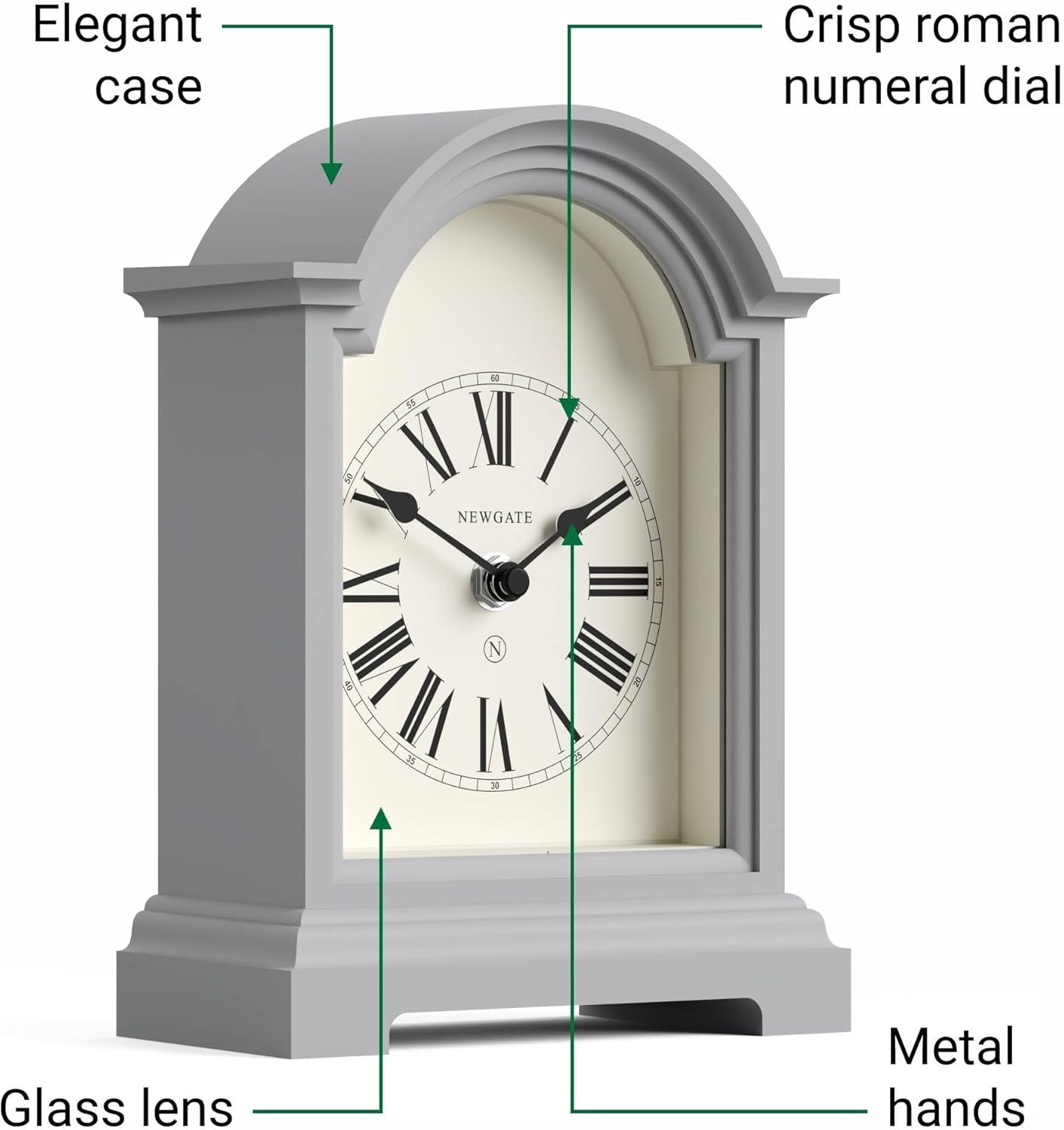 Mantel Clock Classic Arch Roman Numerals Silent Desk Shelf Clockwork Grey