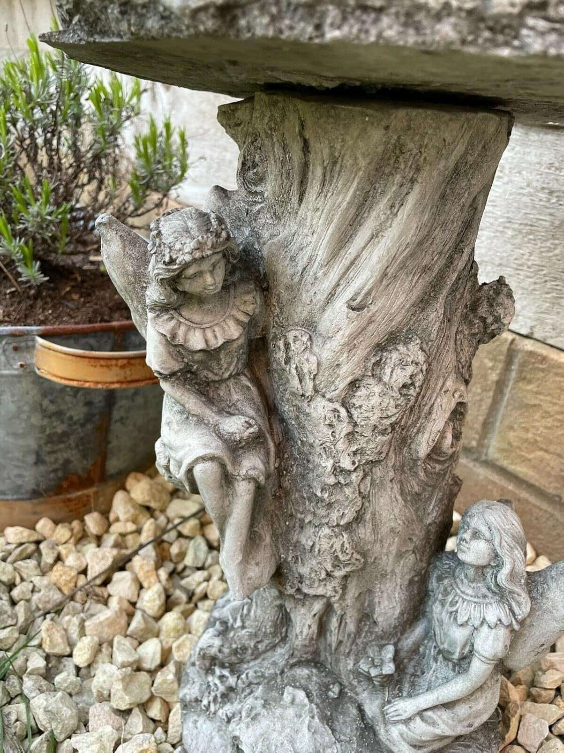 Fairy Stone Bird Bath Angel Garden Ornament | Vintage Outdoor Feeder Statue Deco