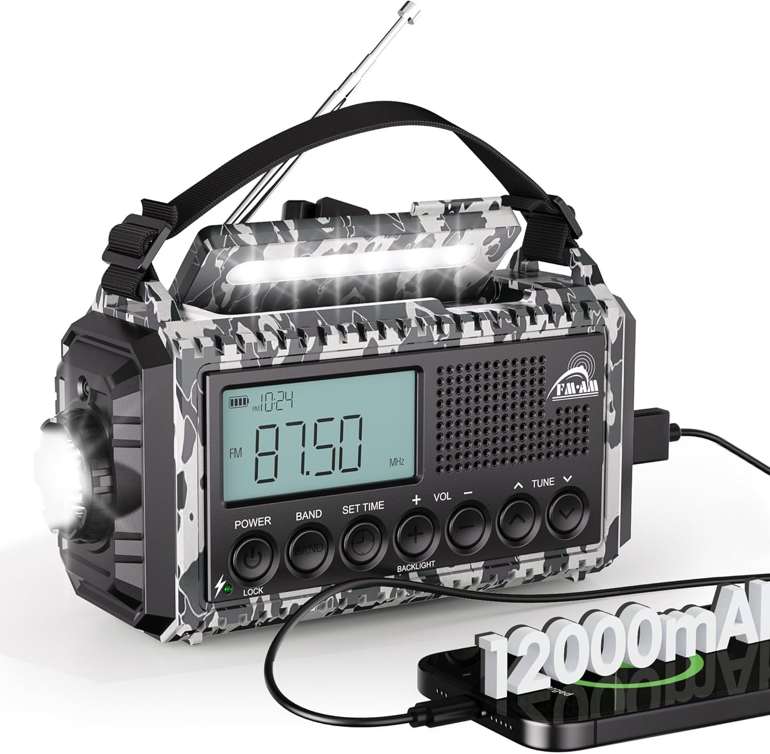 12000mAh Emergency Radio Solar Hand Crank AM USB Phone Charger SOS