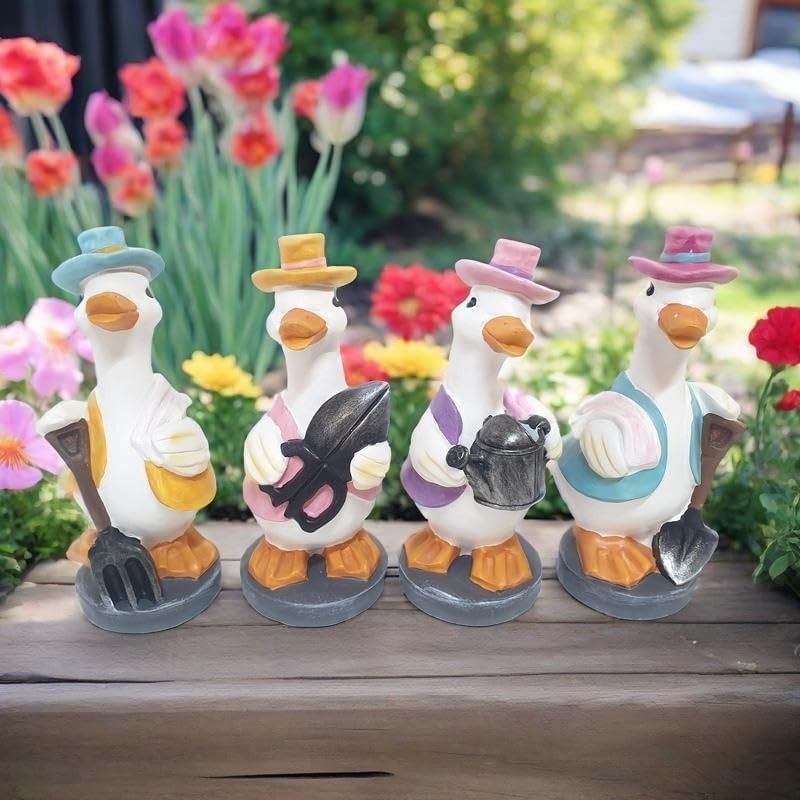 Set of 4 Duck Figurines • Outdoor Resin Garden Ornaments • Cute Patio Yard Decor