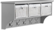 Dove Grey Wall Mounted Coat Rack 3 Wicker Baskets 5 Hooks Hallway Shelf