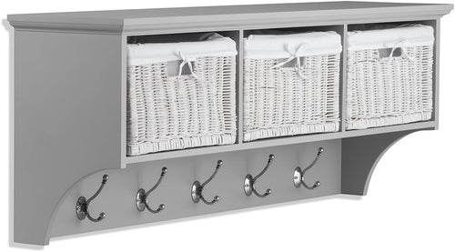 Dove Grey Wall Mounted Coat Rack 3 Wicker Baskets 5 Hooks Hallway Shelf