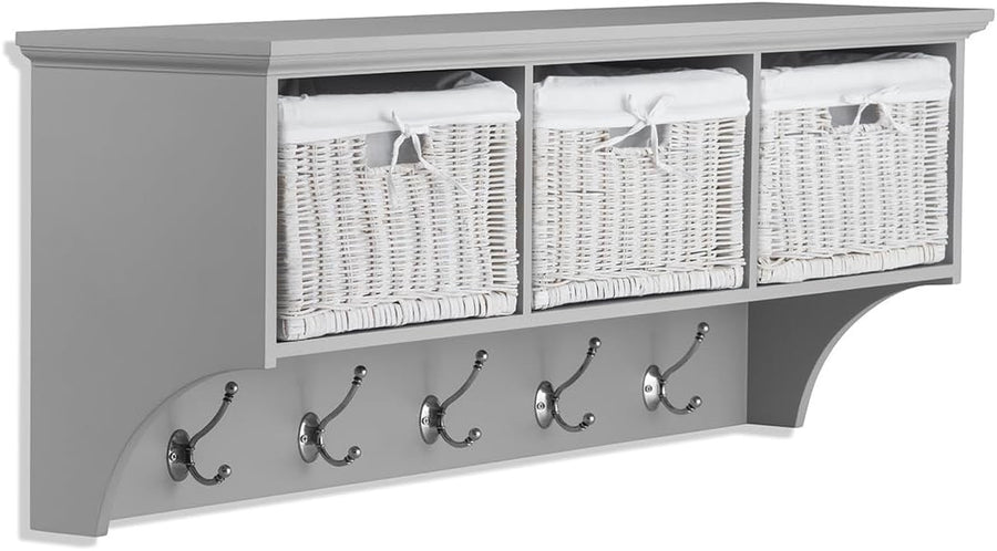 Dove Grey Wall Mounted Coat Rack 3 Wicker Baskets 5 Hooks Hallway Shelf