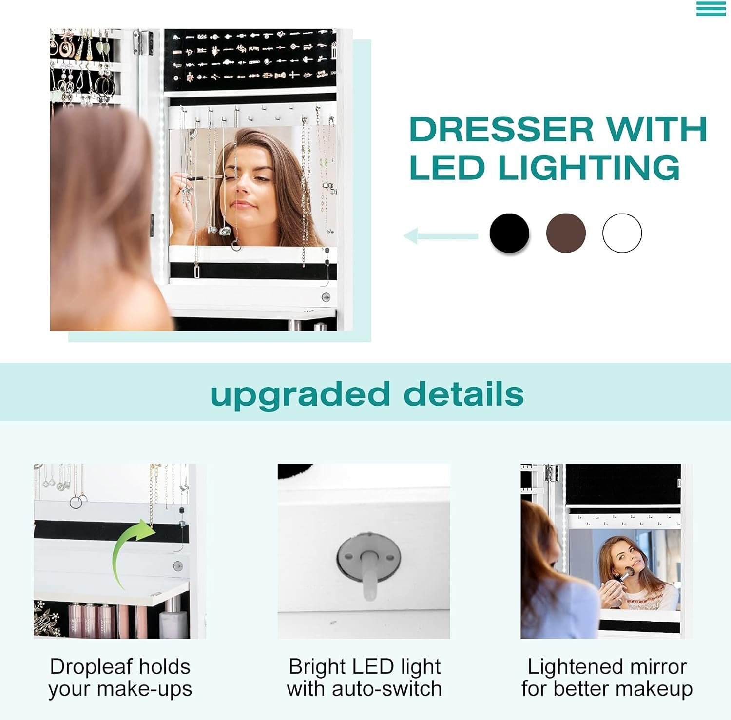 White LED Jewelry Cabinet Wall Mounted Mirror Lockable Storage Organizer