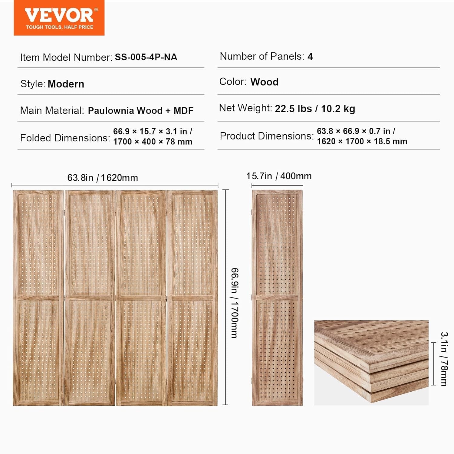 4 Panel Wooden Folding Room Divider Carved Privacy Screen 162x170cm Natural