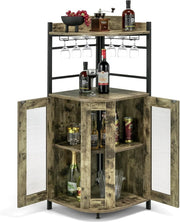Corner Bar Cabinet with Wine Rack & Glass Holders, Industrial Oak Grey