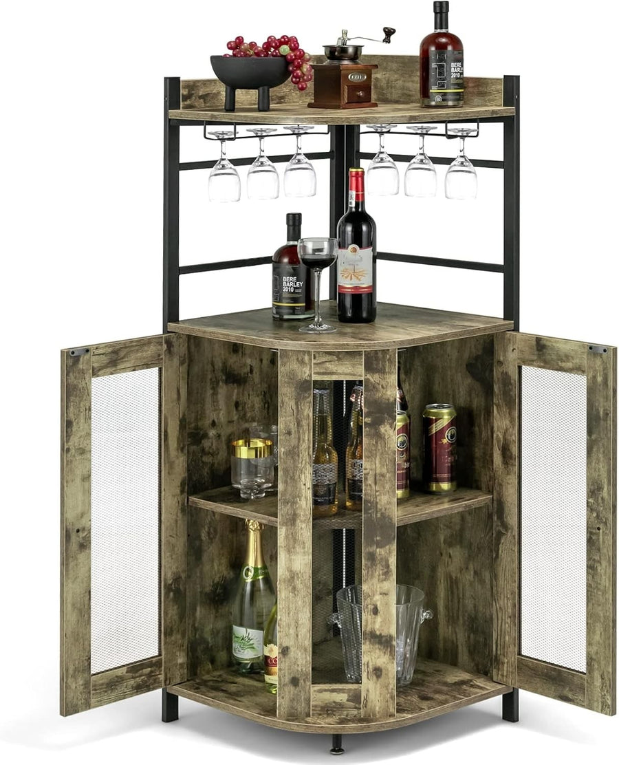 Corner Bar Cabinet with Wine Rack & Glass Holders, Industrial Oak Grey