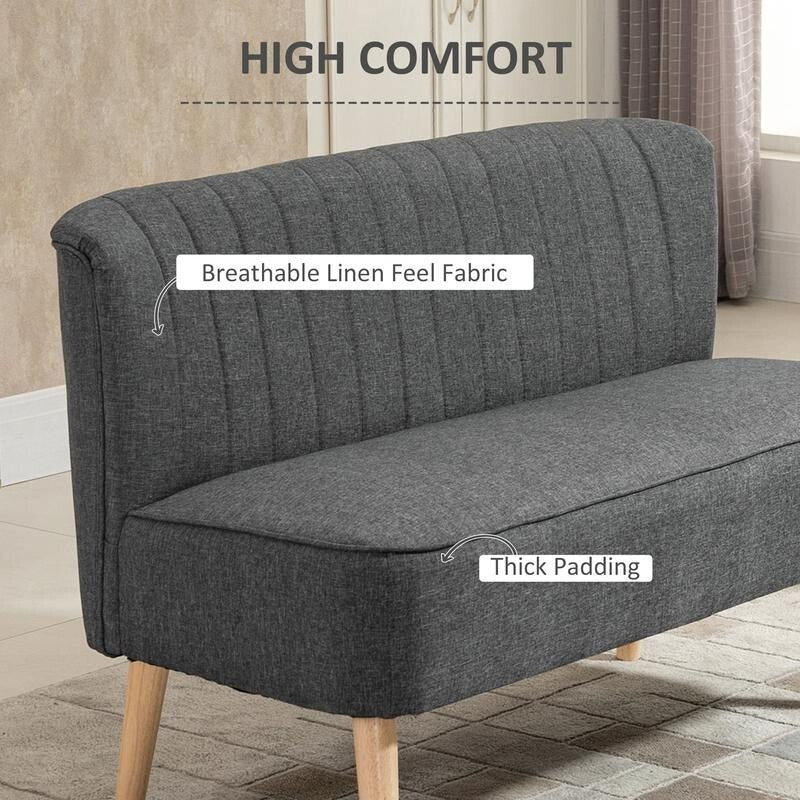 2 Seater Grey Linen Sofa Compact Loveseat Padded Upholstered Couch Wood Legs