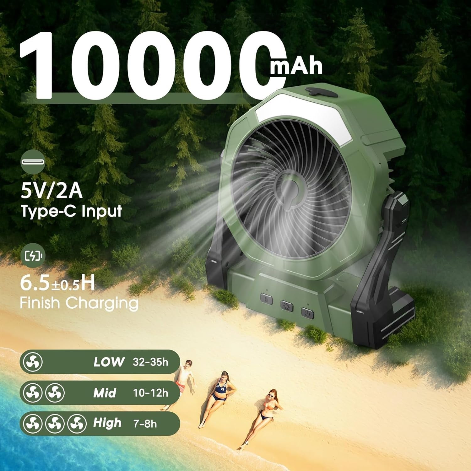 Green 8" Portable Misting Fan – 10000mAh Rechargeable Cooling Fan w/ LED Light