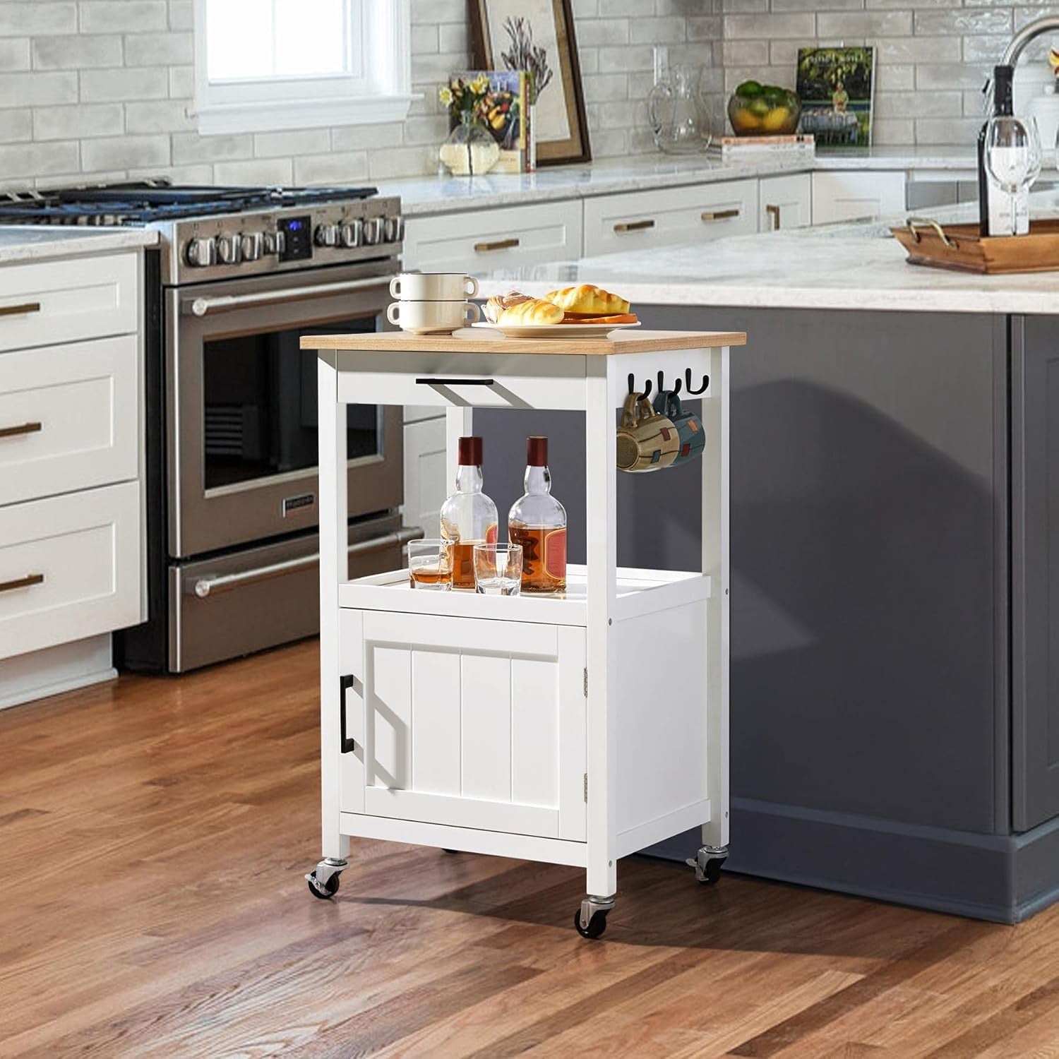 Kitchen Island Trolley on Wheels with Cabinet Drawer Hooks Rolling Serving Cart