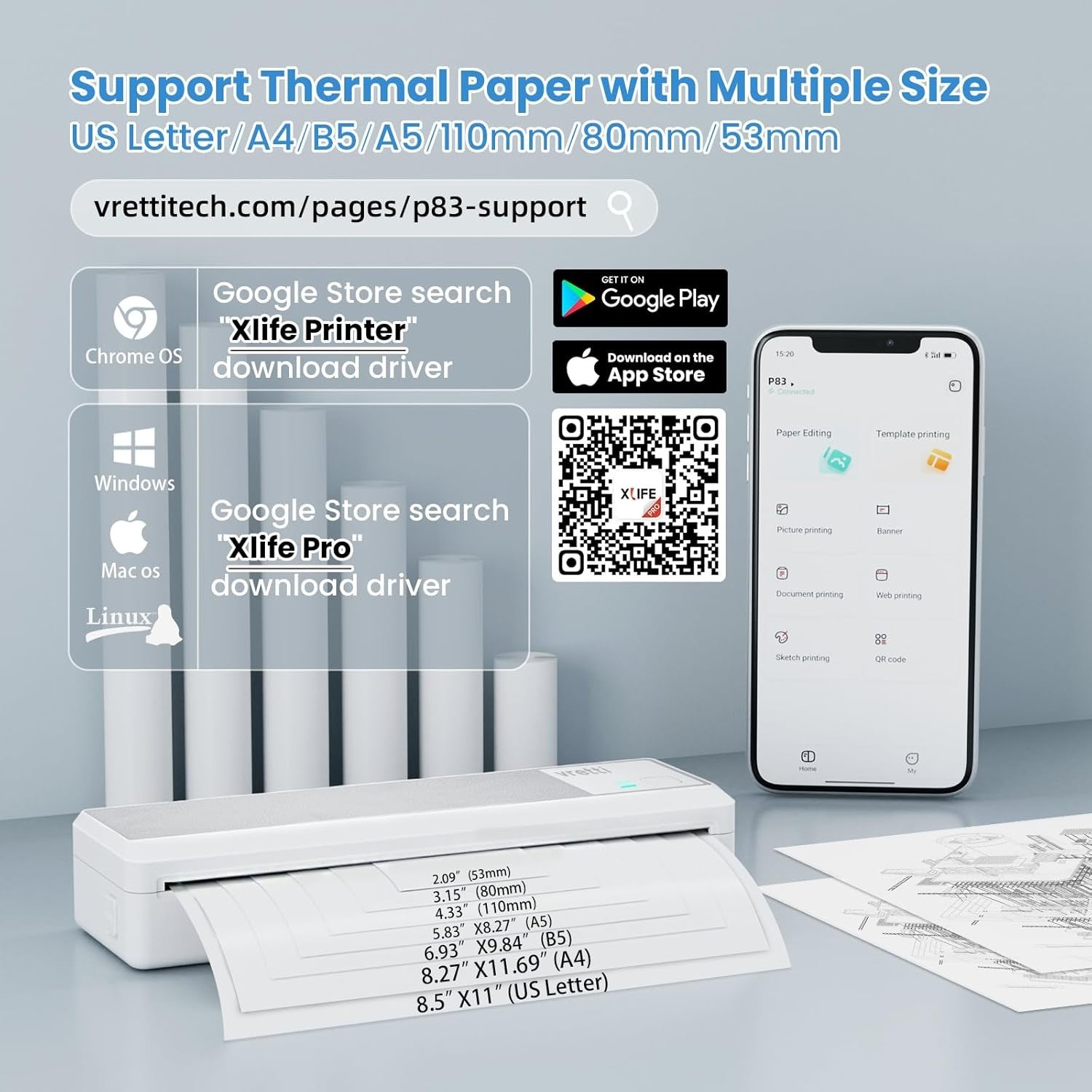 Vretti P83 Bluetooth Thermal Printer Wireless Inkless A4 Mobile Printer