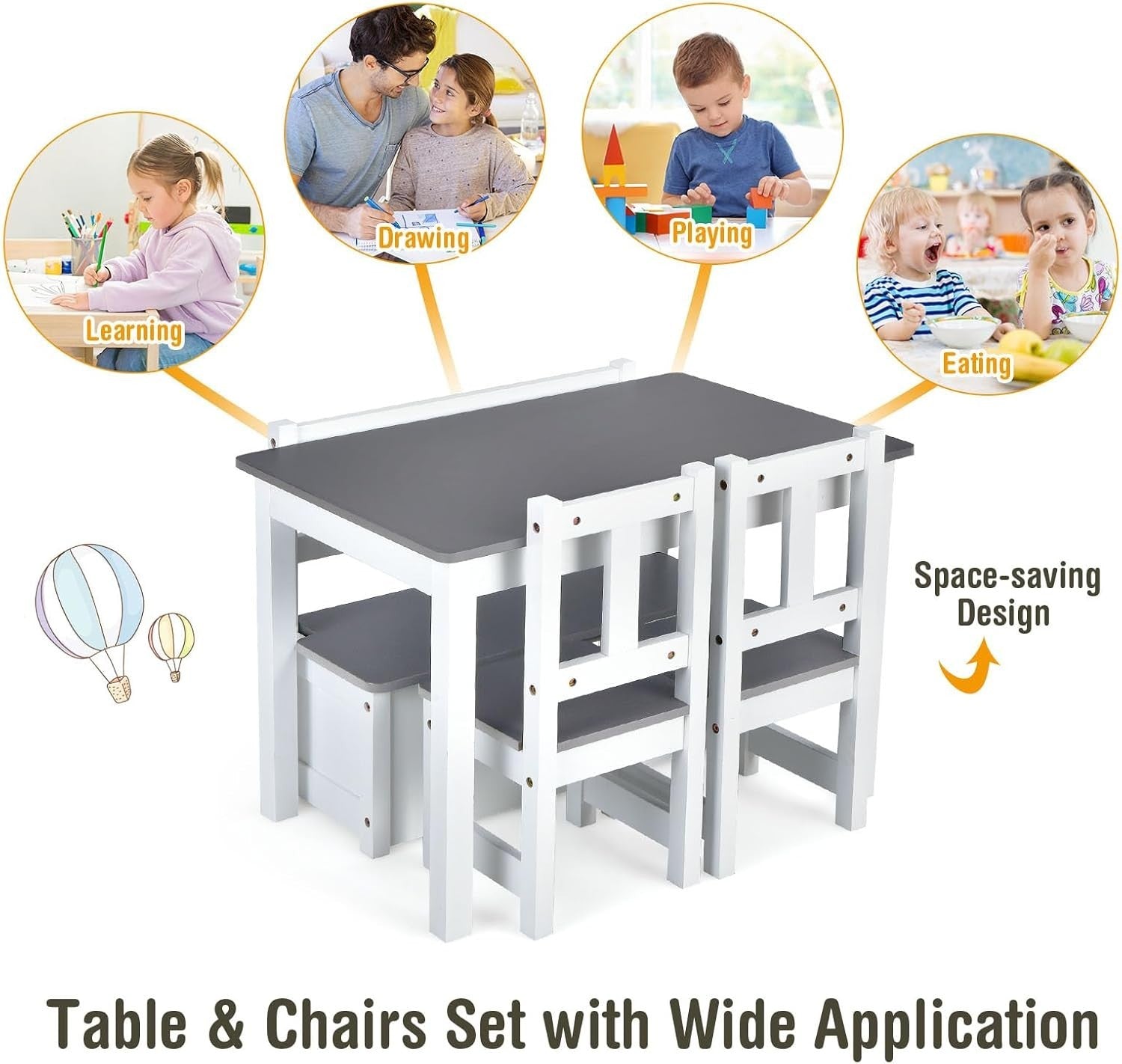 Kids Wooden Table Chair Set with Storage Bench – Grey Toddler Activity Desk
