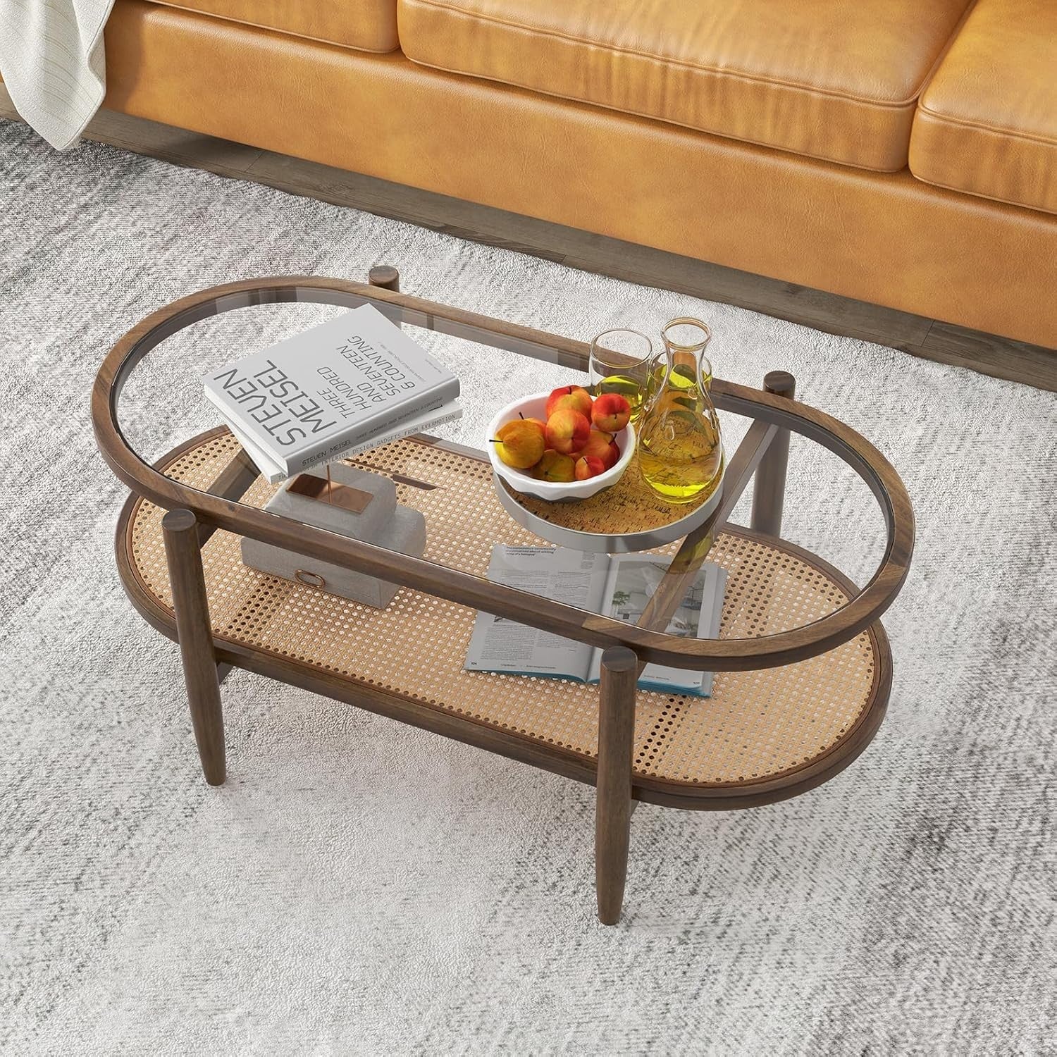 Glass Coffee Table with Rattan Shelf, 2-Tier Wood Frame, 102x56x46cm