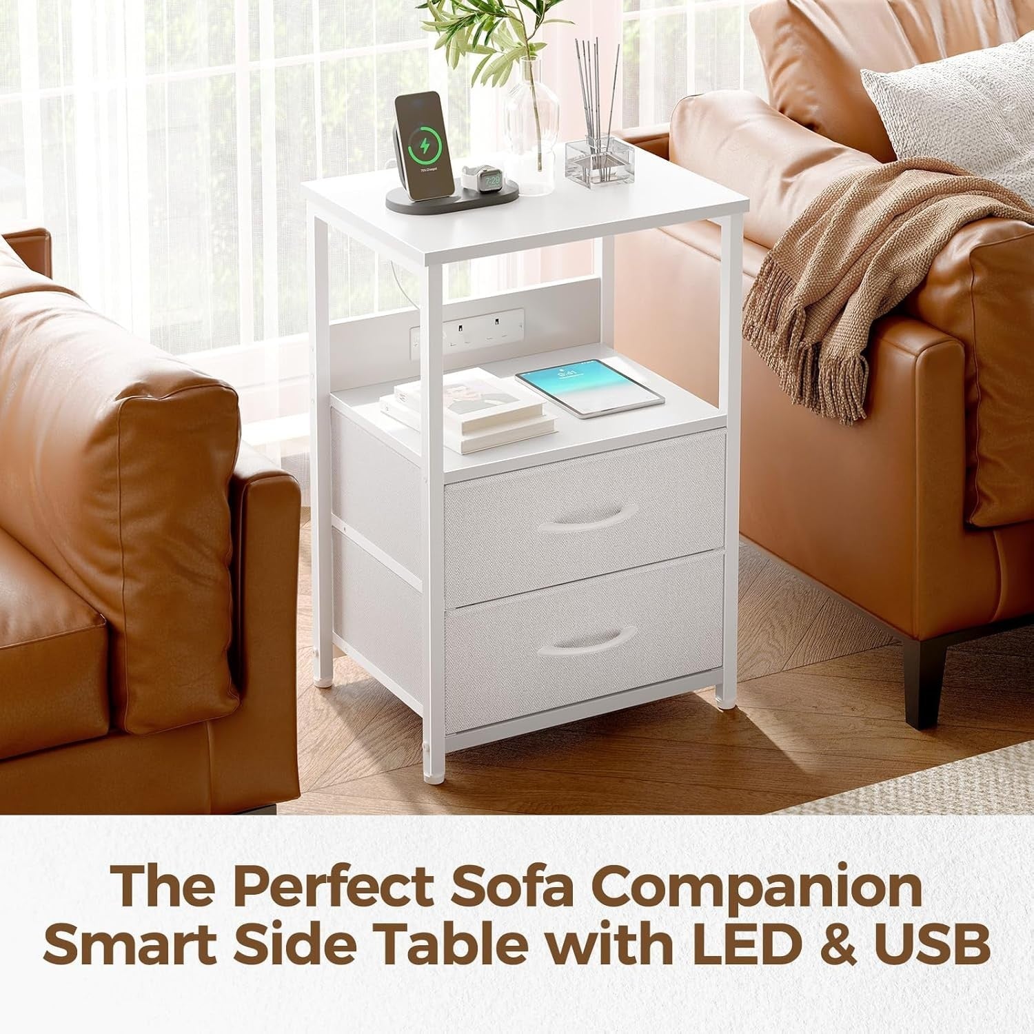 Set of 2 LED Bedside Tables with Charging Station & Drawers | Smart Nightstands
