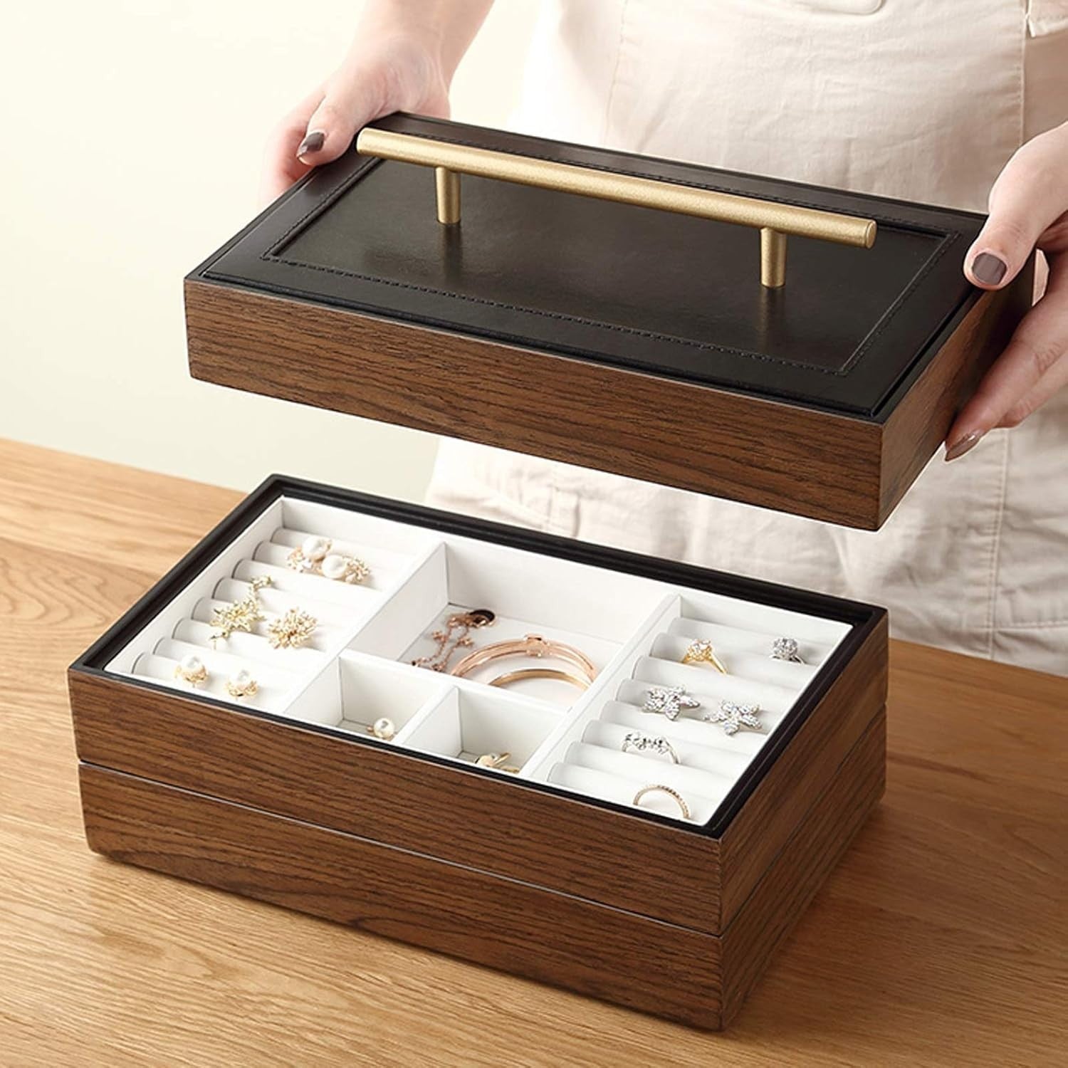 Solid Walnut Jewelry Box 4 Layer Wooden Organizer Rings Necklaces Gift Case