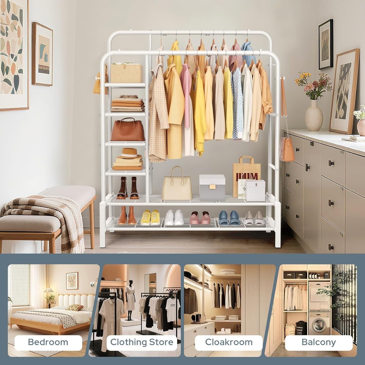 Heavy Duty Clothes Rail Double Rods Shelves Shoe Rack White