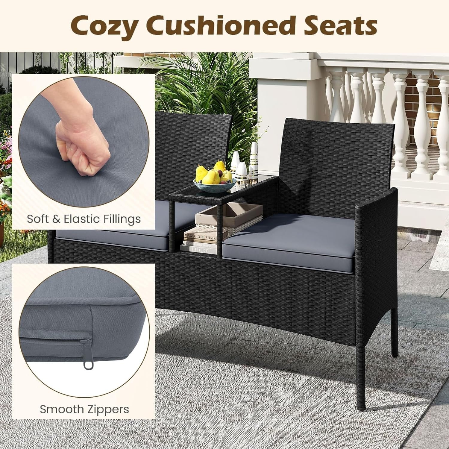 Outdoor Rattan 2 Seater Love Seat with Glass Table Garden Patio Sofa Grey
