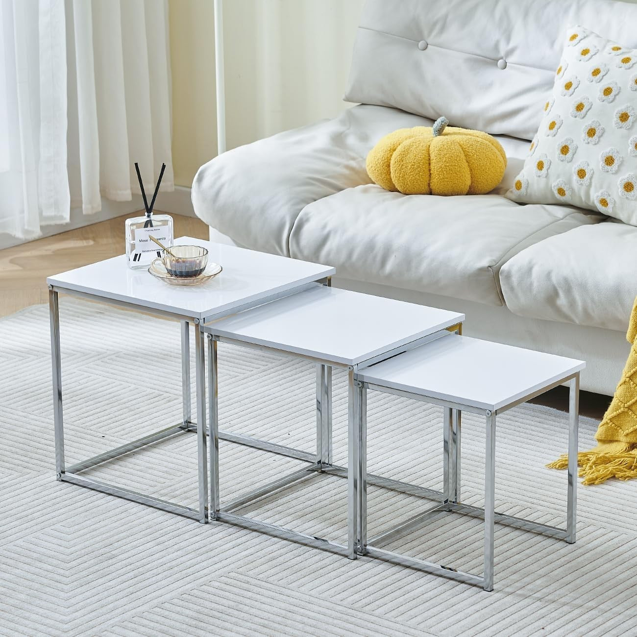 Space Saving 3pc Nesting End Side Tables Stackable High Gloss Modern White Set