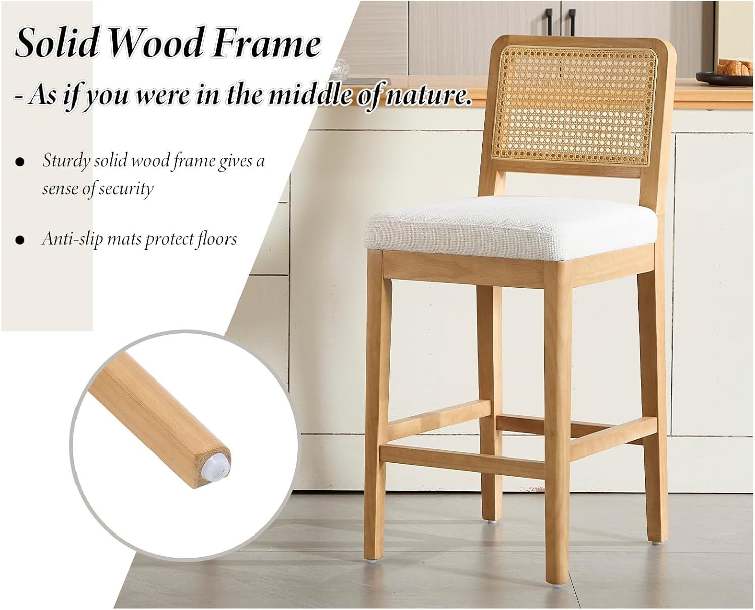 White Chenille Bar Stool Set of 2 with Rattan Back Wooden Legs