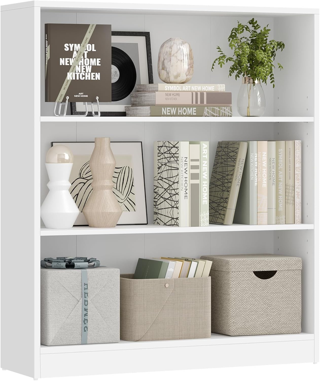 3-Tier White Bookcase 80cm Wide Adjustable Shelves Modern Storage Unit